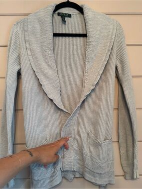 Lauren Ralph Lauren Women’s Pale Gray Shawl Collar Knit Cardigan Linen/Cotton